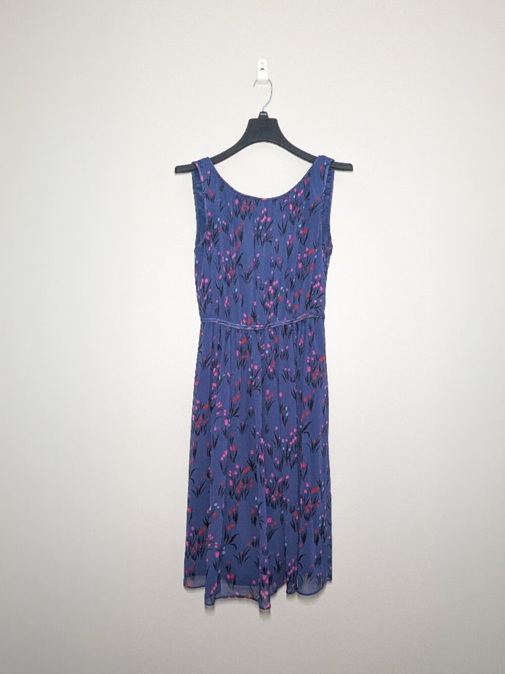 Boden Tulip Print Dress US 2R Blue Pink Empire Waist Sleeveless Midi EUC